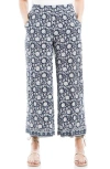 Max Studio Wide Leg Pull-on Crop Pants In Navy/ Cream