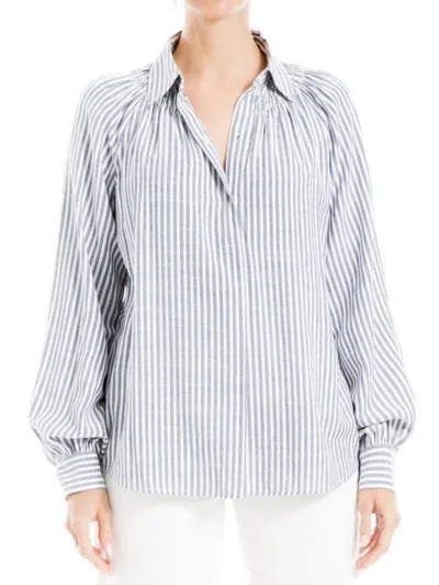 Max Studio Women's Yarn Dye Stripe Half Placket Shirt In White Blue