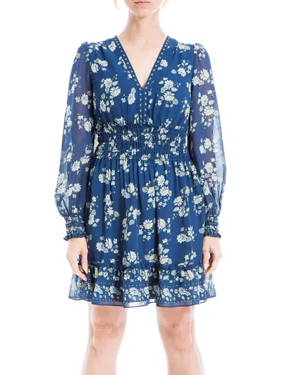 Max Studio Womens Floral Smocked Mini Dress In Blue