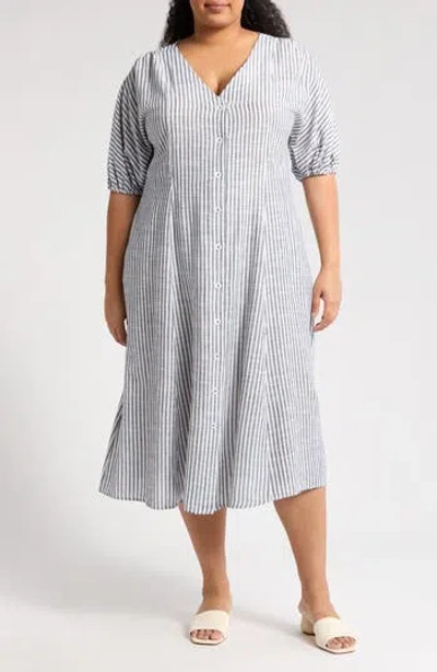 Max Studio Yarn Dye Puff Sleeve Maxi Dress In Blue