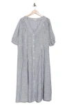 Max Studio Yarn Dye Puff Sleeve Maxi Dress In Navy/off White Awning Stripe