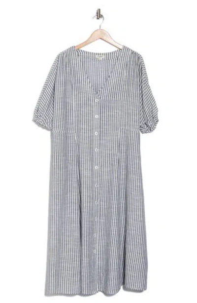 Max Studio Yarn Dye Puff Sleeve Maxi Dress In Navy/off White Awning Stripe