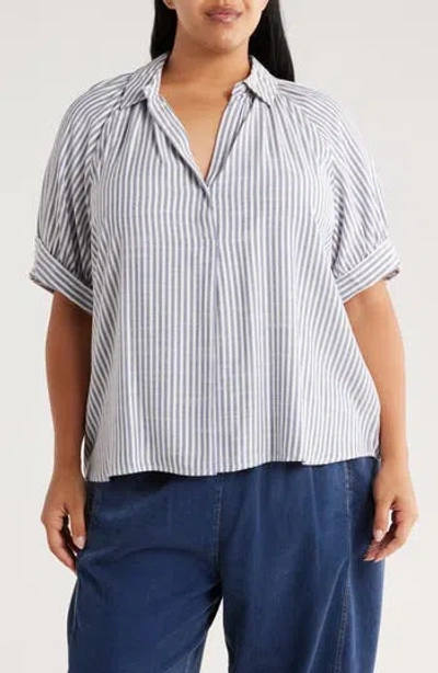 Max Studio Yarn Dye Stripe Short Sleeve Top In Gray