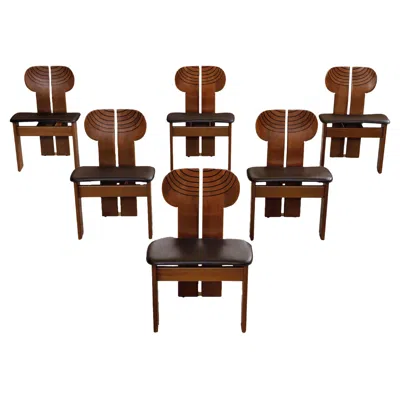 Pre-owned Maxalto Afra & Tobia Scarpa "africa" Chairs For , Black Leather, 1975, Set Of 6