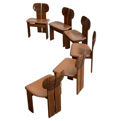 Pre-owned Maxalto Afra & Tobia Scarpa "africa" Chairs For , Cognac Leather, 1975, Set Of 6 In Brown