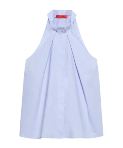 Maxco. Poplin And Sheer Off-shoulder Top In Blue