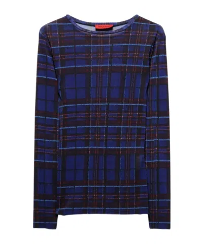 Maxco. Tartan Tulle-jersey T-shirt In Blue
