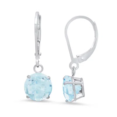 Maxcolor 10k White Gold Round Checkerboard Cut Gemstone Leverback Earrings (8mm) In Blue