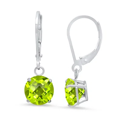 Maxcolor 10k White Gold Round Checkerboard Cut Gemstone Leverback Earrings (8mm) In Green