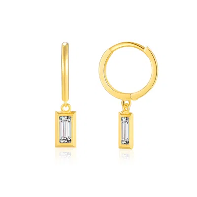 Maxcolor 10k Yellow Gold Baguette Cubic Zirconia Huggie Dangle Earrings