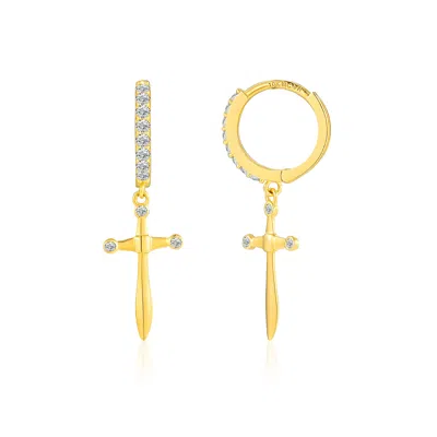 Maxcolor 10k Yellow Gold Cross Cubic Zirconia Huggie Dangle Earrings