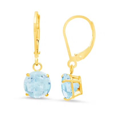 Maxcolor 10k Yellow Gold Round Checkerboard Cut Gemstone Leverback Earrings (8mm) In Blue