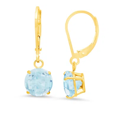 Maxcolor 10k Yellow Gold Round Checkerboard Cut Gemstone Leverback Earrings (8mm) In Blue