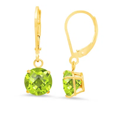 Maxcolor 10k Yellow Gold Round Checkerboard Cut Gemstone Leverback Earrings (8mm) In Green