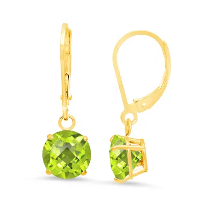 Maxcolor 10k Yellow Gold Round Checkerboard Cut Gemstone Leverback Earrings (8mm) In Green