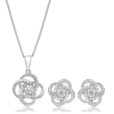 Maxcolor 1/4 Ct. Tw. Genuine Diamond Love Knot Gift Boxed Set In Sterling Silver With 18 Box Chain In White