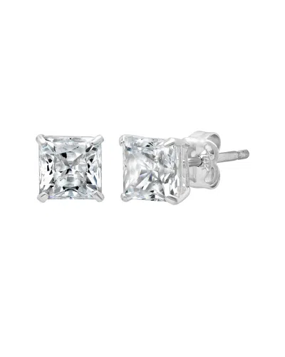 Maxcolor 14k Solid White Gold Princess Cut Stud Earrings With Genuine Swarovski Zirconia In Metallic