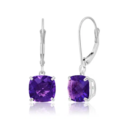 Maxcolor 14k Solid White Gold Gemstone Dangle Leverback Earrings (8mm) In Purple