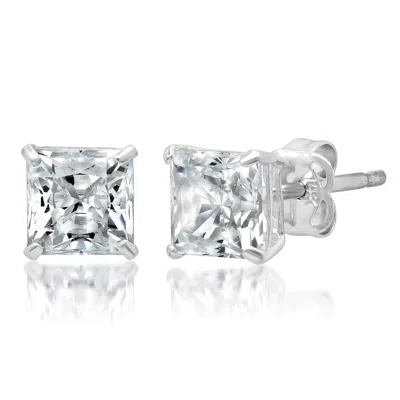 Maxcolor 14k Solid White Gold Princess Cut Stud Earrings With Genuine Swarovski Zirconia In Metallic