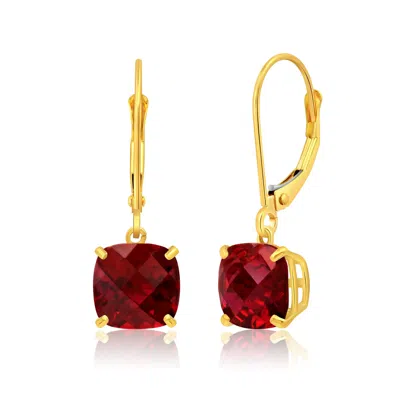 Maxcolor 14k Solid Yellow Gold Gemstone Dangle Leverback Earrings (8mm) In Red