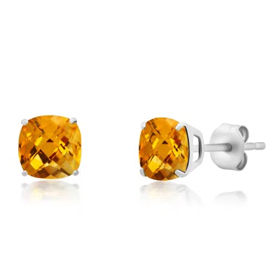 Maxcolor Sterling Silver 6mm Cushion Cut Checkerboard Gemstone Stud Earrings In Yellow