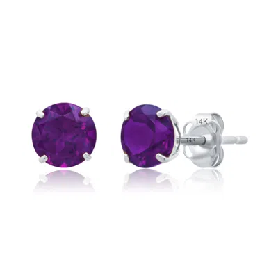 Maxcolor 14k White Gold 6mm Round Stud Gemstone Earrings In Purple