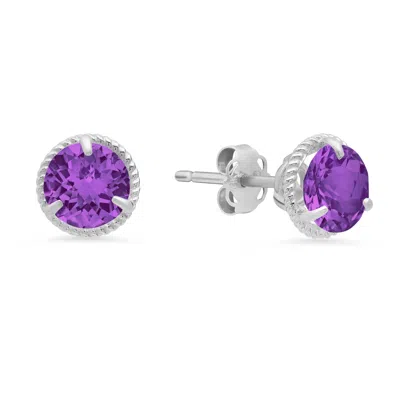 Maxcolor 14k White Gold Roped Halo Gemstone Round Stud Earrings For Women 6mm In Purple