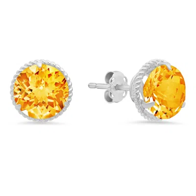 Maxcolor 14k White Gold Roped Halo Round-cut Gemstone Stud Earrings (8mm) In Yellow