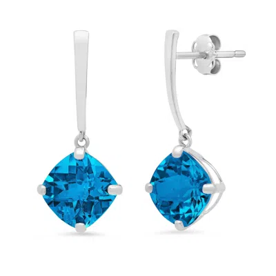 Maxcolor 14k White Gold Solitaire Cushion-cut Gemstone Drop Earrings (8mm) In Blue
