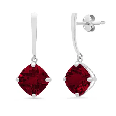 Maxcolor 14k White Gold Solitaire Cushion-cut Gemstone Drop Earrings (8mm) In Burgundy