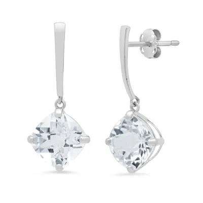 Maxcolor 14k White Gold Solitaire Cushion-cut Gemstone Drop Earrings (8mm) In Silver