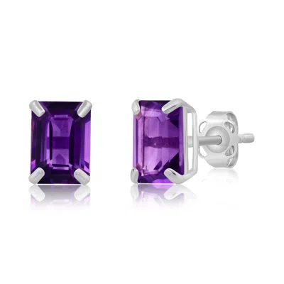 Maxcolor 14k White Gold Solitaire Emerald-cut Gemstone Stud Earrings (7x5mm) In Purple