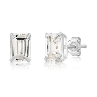 Maxcolor 14k White Gold Solitaire Emerald-cut Gemstone Stud Earrings (7x5mm) In Metallic