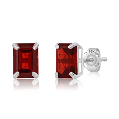 Maxcolor 14k White Gold Solitaire Emerald-cut Gemstone Stud Earrings (7x5mm) In Red