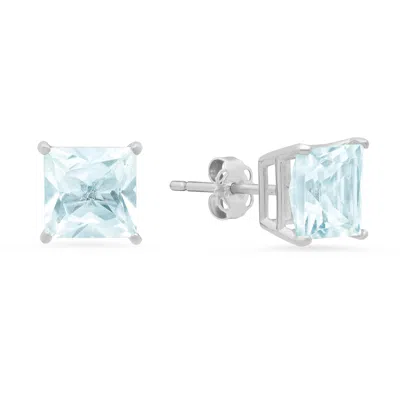 Maxcolor 14k White Gold Solitaire Princess-cut Gemstone Stud Earrings (7mm) In Blue