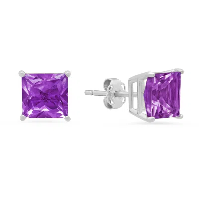 Maxcolor 14k White Gold Solitaire Princess-cut Gemstone Stud Earrings (7mm) In Purple