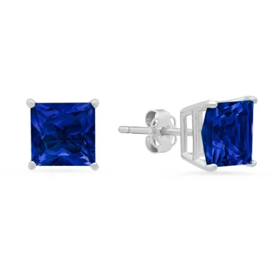 Maxcolor 14k White Gold Solitaire Princess-cut Gemstone Stud Earrings (7mm) In Blue