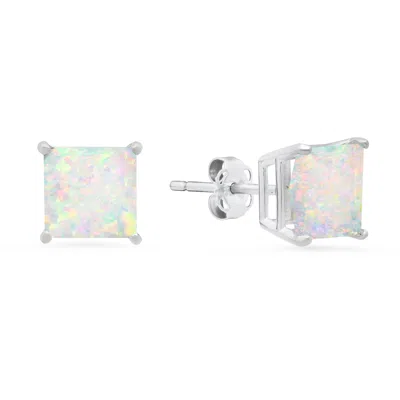 Maxcolor 14k White Gold Solitaire Princess-cut Gemstone Stud Earrings (7mm) In Metallic