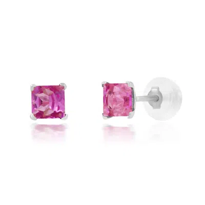 Maxcolor 14k White Gold Square Princess Cut 4mm Gemstone Stud Earrings In Pink