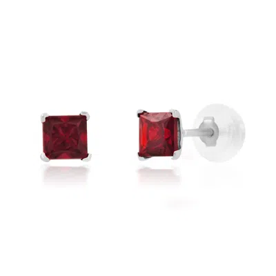 Maxcolor 14k White Gold Square Princess Cut 4mm Gemstone Stud Earrings In Red