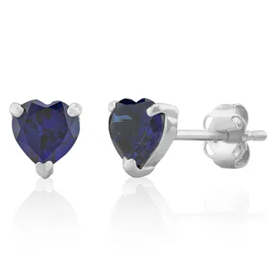 Maxcolor 14k White Or Yellow Gold 3 Prong Heart Shape Gemstone Stud Earrings In Blue