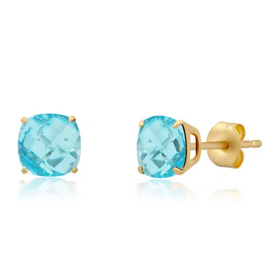 Maxcolor 14k Yellow Gold 6mm Cushion Cut Gemstone Stud Earrings In Green