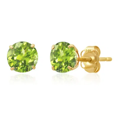 Maxcolor 14k Yellow Gold 6mm Round Stud Gemstone Earrings In Green