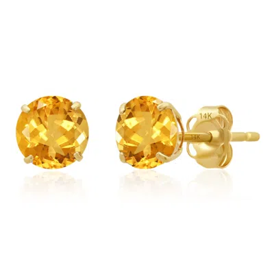 Maxcolor 14k Yellow Gold 6mm Round Stud Gemstone Earrings In Orange