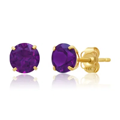 Maxcolor 14k Yellow Gold 6mm Round Stud Gemstone Earrings In Purple
