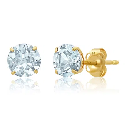 Maxcolor 14k Yellow Gold 6mm Round Stud Gemstone Earrings In White