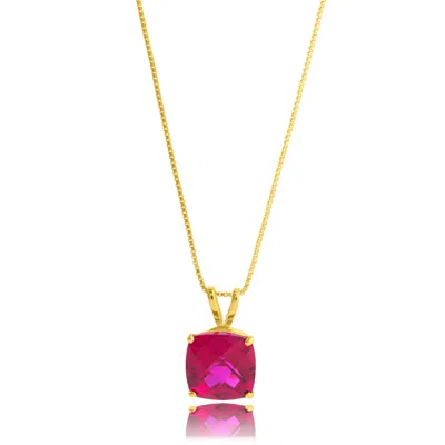Maxcolor 14k Yellow Gold 8mm Cushion Cut Gemstone Pendant Necklaces With 18 Inch Box Chain In Pink