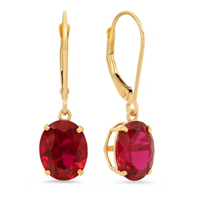 Maxcolor 14k Yellow Gold 8x10mm Oval Gemstone Dangle Earrings In Red