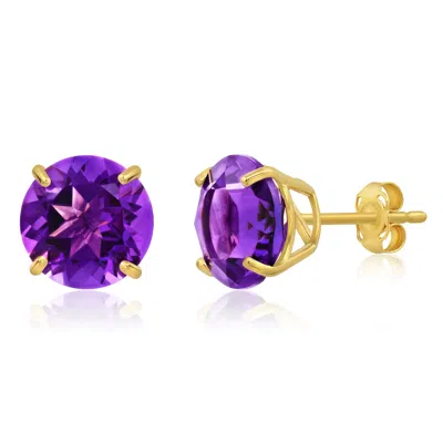 Maxcolor 14k Yellow Gold 9mm Round Cut Gemstone Stud Earrings In Purple