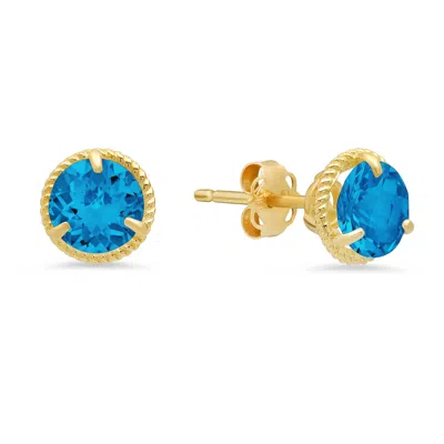 Maxcolor 14k Yellow Gold Roped Halo Gemstone Round Stud Earrings For Women 6mm In Blue